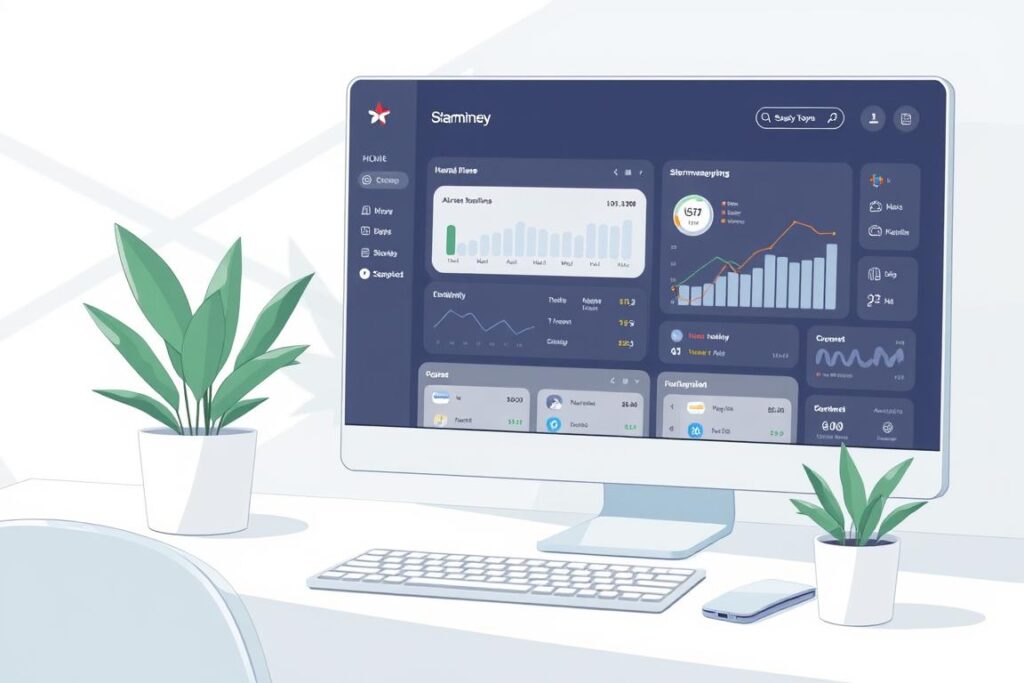 A detailed digital illustration depicting the user interface and key features of "starmoney basic", a personal finance software application. The scene showcases the clean, minimalist design of the software's main dashboard, with crisp icons, well-organized menus, and intuitive data visualizations. The lighting is soft and natural, creating a calm, professional atmosphere. The camera angle is slightly elevated, providing an overview of the software's layout and functionality. The overall tone is one of efficiency, clarity, and user-friendliness, reflecting the core value proposition of the "starmoney basic" product. A detailed digital illustration depicting the user interface and key features of "starmoney basic", a personal finance software application. The scene showcases the clean, minimalist design of the software's main dashboard, with crisp icons, well-organized menus, and intuitive data visualizations. The lighting is soft and natural, creating a calm, professional atmosphere. The camera angle is slightly elevated, providing an overview of the software's layout and functionality. The overall tone is one of efficiency, clarity, and user-friendliness, reflecting the core value proposition of the "starmoney basic" product.