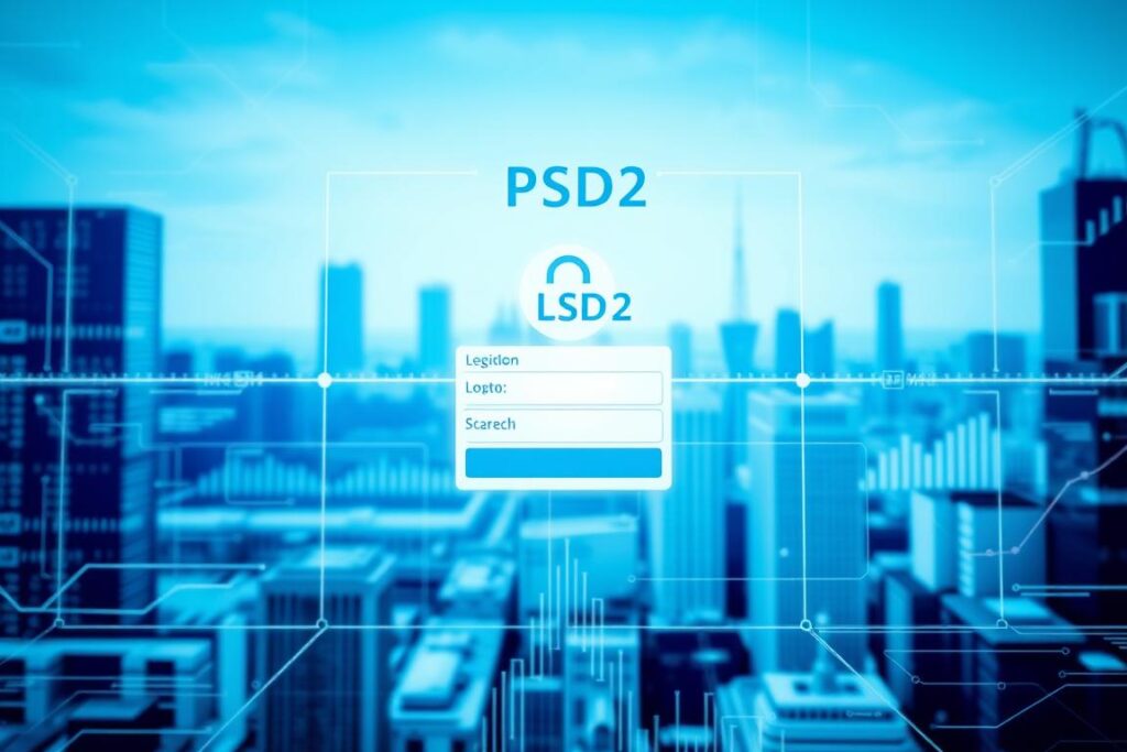 A detailed, technically accurate illustration of a PSD2 (Payment Service Directive 2) interface against a backdrop of financial data and digital banking elements. The interface displays a secure login screen with fields for entering login credentials. The foreground is sharply in focus, with a clean, minimalist design and a slightly futuristic aesthetic. The middle ground features a grid of transaction data and graphs, visualizing financial insights and analysis. The background is a soft, blurred cityscape with skyscrapers, symbolizing the digital banking ecosystem. The lighting is subdued, with cool blue tones creating a professional, trustworthy atmosphere. The overall composition conveys the technical complexity and security of the PSD2 system.