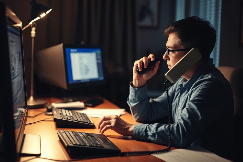 A dimly lit office scene with a person sitting at a desk, phone in hand, intently focused on a banking transaction. The desktop computer displays account details, while the phone's keypad and receiver convey the act of "telefon-banking." Soft, warm lighting from a table lamp casts a subtle glow, creating an atmosphere of seriousness and concentration. The background is slightly blurred, emphasizing the central figures and their interaction with the banking technology. The overall scene reflects the challenges and frustrations of a failed telephone banking experience, as described in the article's section title.
