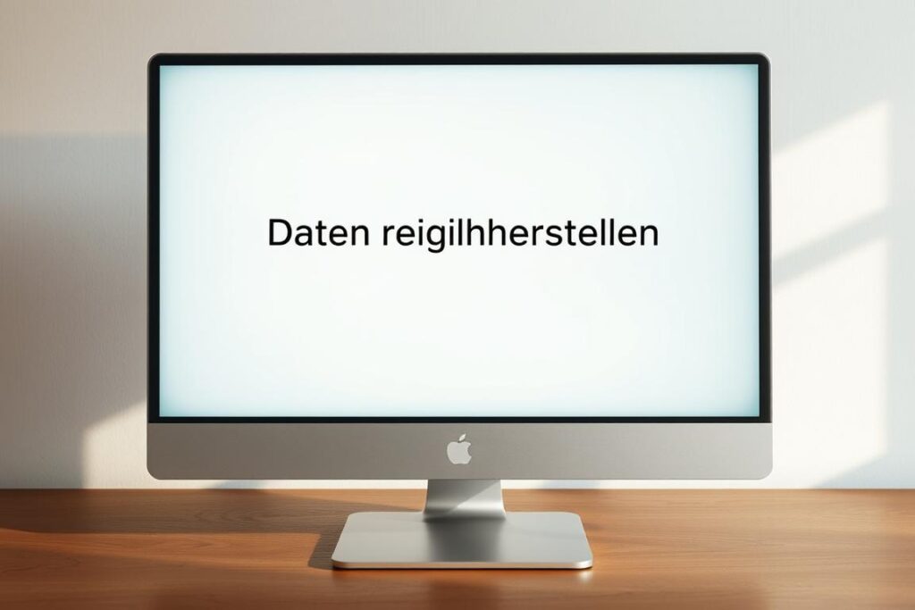 A modern desktop computer screen displaying the German text "Daten wiederherstellen" (Restore data) against a clean, minimal background. The screen has a sleek, metallic frame and is mounted on a solid, wooden desk. Soft, natural lighting illuminates the scene, creating a calm and focused atmosphere. The display shows a simple, intuitive user interface with options for restoring data from various sources. The overall composition conveys a sense of efficiency, organization, and the ease of data recovery.