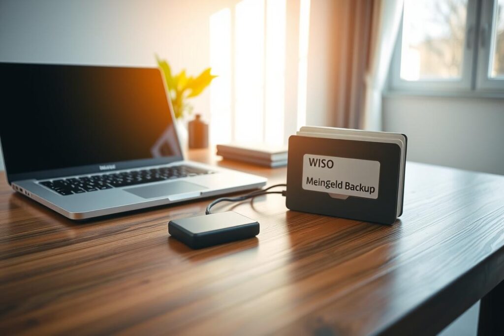 A pristine wooden desk in a well-lit home office, with a laptop, an external hard drive, and a carefully organized folder labeled "WISO MeinGeld Backup" prominently displayed. Soft natural lighting filters through a nearby window, casting a warm, inviting glow on the scene. The desk surface is clear, save for the essential tools needed to create a backup of the personal finance software, reflecting a sense of focus and preparedness. The overall atmosphere conveys a sense of diligence and attention to detail, setting the stage for a seamless transfer of the "WISO MeinGeld" data to a new computer. A pristine wooden desk in a well-lit home office, with a laptop, an external hard drive, and a carefully organized folder labeled "WISO MeinGeld Backup" prominently displayed. Soft natural lighting filters through a nearby window, casting a warm, inviting glow on the scene. The desk surface is clear, save for the essential tools needed to create a backup of the personal finance software, reflecting a sense of focus and preparedness. The overall atmosphere conveys a sense of diligence and attention to detail, setting the stage for a seamless transfer of the "WISO MeinGeld" data to a new computer.