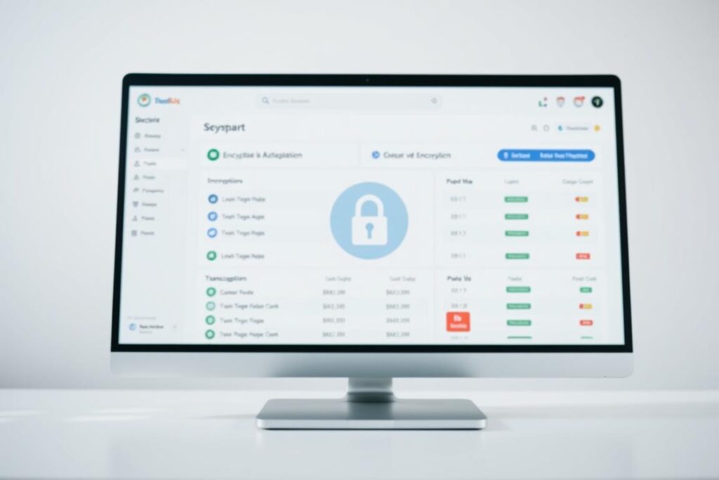 A secure online banking interface with a focus on user safety and fraud prevention. A desktop or mobile device screen displays a sleek, modern banking dashboard with clean typography and intuitive navigation. In the foreground, an icon or graphic symbolizes encryption, two-factor authentication, and other security measures. The middle ground features a padlock or shield icon, emphasizing the secure nature of the transactions. The background depicts a serene, minimalist environment with soft lighting, suggesting a sense of trust and reliability. The overall mood is one of reassurance and confidence in the banking platform's ability to protect user data and funds. A secure online banking interface with a focus on user safety and fraud prevention. A desktop or mobile device screen displays a sleek, modern banking dashboard with clean typography and intuitive navigation. In the foreground, an icon or graphic symbolizes encryption, two-factor authentication, and other security measures. The middle ground features a padlock or shield icon, emphasizing the secure nature of the transactions. The background depicts a serene, minimalist environment with soft lighting, suggesting a sense of trust and reliability. The overall mood is one of reassurance and confidence in the banking platform's ability to protect user data and funds.