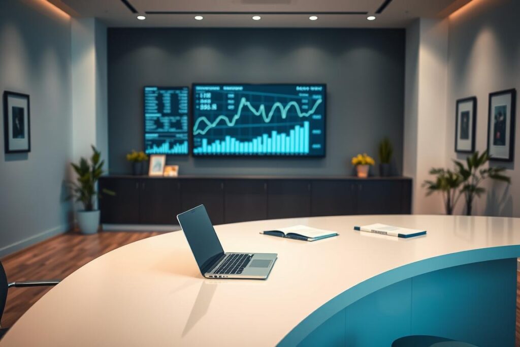 A sleek and modern office interior, with a large, curved desk taking center stage. The desk is adorned with a minimalist, silver-toned laptop and a few neatly arranged business documents. In the background, a wall-mounted display showcases financial data and graphs, reflecting the "StarMoney Business" theme. The lighting is soft and diffused, creating a warm and professional atmosphere. The room is decorated with subtle accents, such as potted plants and a few framed artwork pieces, adding a touch of sophistication. The overall scene conveys a sense of efficiency, organization, and a focus on financial management and transparency.