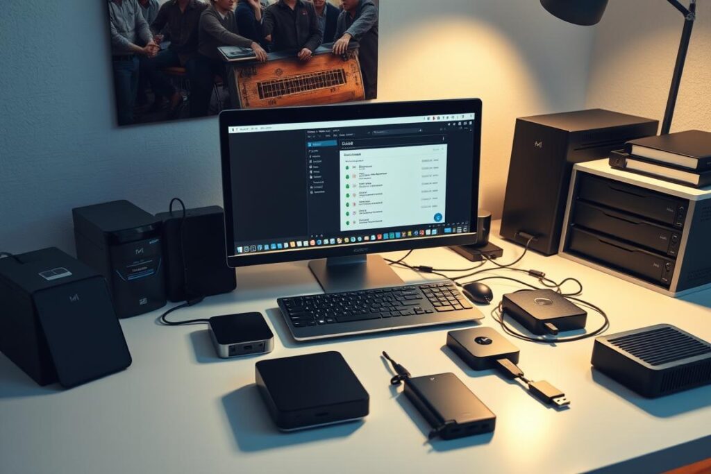 A well-organized home office with a sleek and modern desktop computer, surrounded by a neatly arranged array of external hard drives, USB drives, and backup devices. Soft, directional lighting illuminates the scene, creating a sense of order and professionalism. The desktop display shows a backup interface, emphasizing the importance of reliable data storage and disaster recovery. The overall composition conveys a confident, methodical approach to backup management, reflecting the "Best Practices for Reliable Backups" theme. A well-organized home office with a sleek and modern desktop computer, surrounded by a neatly arranged array of external hard drives, USB drives, and backup devices. Soft, directional lighting illuminates the scene, creating a sense of order and professionalism. The desktop display shows a backup interface, emphasizing the importance of reliable data storage and disaster recovery. The overall composition conveys a confident, methodical approach to backup management, reflecting the "Best Practices for Reliable Backups" theme.