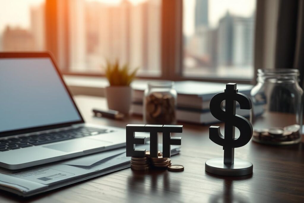 An office desk with a laptop, some financial documents, and a jar of coins. In the foreground, an ETF fund symbol and a traditional fund symbol, distinct and contrasting. The background features a cityscape through a window, suggesting the broader financial landscape. Soft, warm lighting illuminates the scene, creating a professional and contemplative atmosphere. The composition emphasizes the differences between the two investment vehicles, inviting the viewer to explore their unique characteristics and potential benefits. An office desk with a laptop, some financial documents, and a jar of coins. In the foreground, an ETF fund symbol and a traditional fund symbol, distinct and contrasting. The background features a cityscape through a window, suggesting the broader financial landscape. Soft, warm lighting illuminates the scene, creating a professional and contemplative atmosphere. The composition emphasizes the differences between the two investment vehicles, inviting the viewer to explore their unique characteristics and potential benefits.