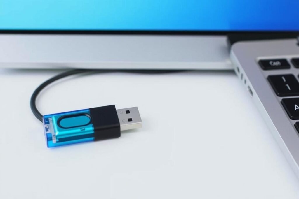 Generiere ein Bild von einem USB-Stick, der an einen Computer angeschlossen ist. Generiere ein Bild von einem USB-Stick, der an einen Computer angeschlossen ist.